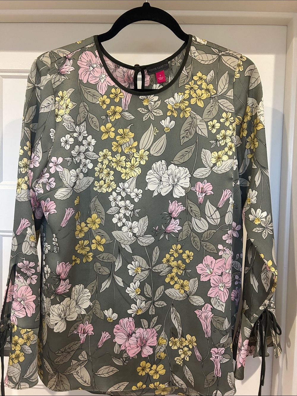 Vince Camuto Olive Floral Tie-Sleeve Blouse with Pink & Yellow Flowers